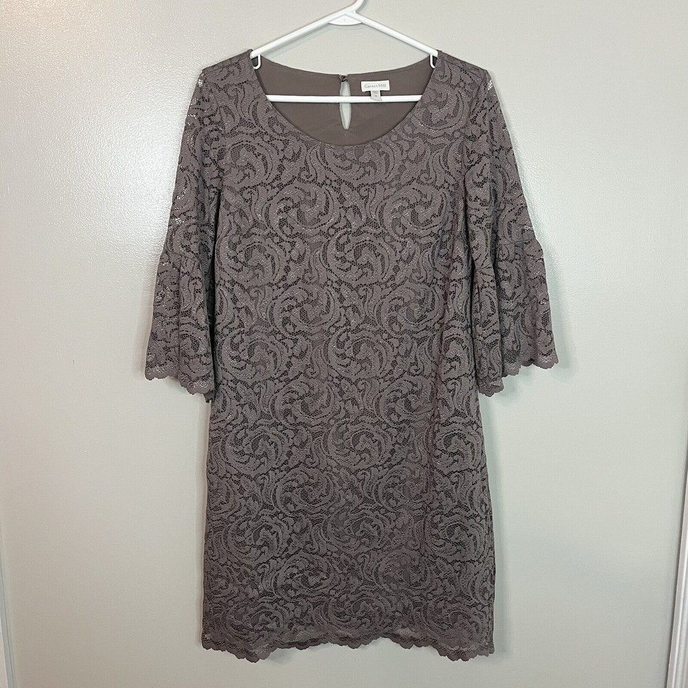 Garnet Hill Womens Lace Shift Dress Stretch Mocha 3/4 Sleeve Lined Size 4